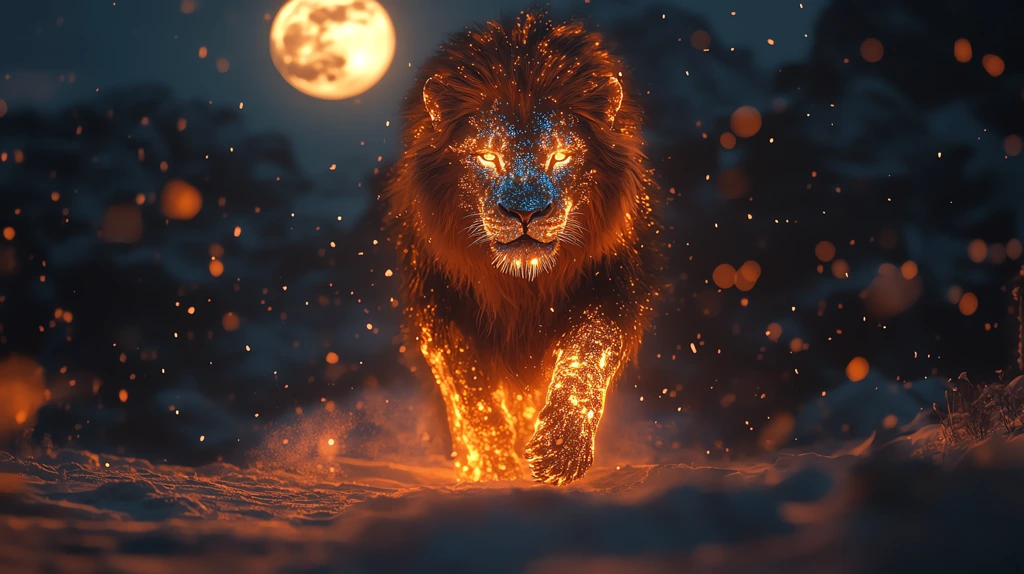 lion with fur glowing blue and orange embers desktop wallpaper 4k