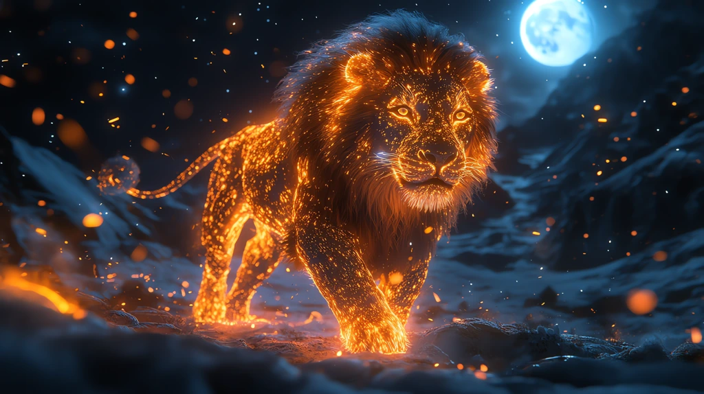 lion with fur made of bioluminescent flames illuminating its fur desktop wallpaper 4k