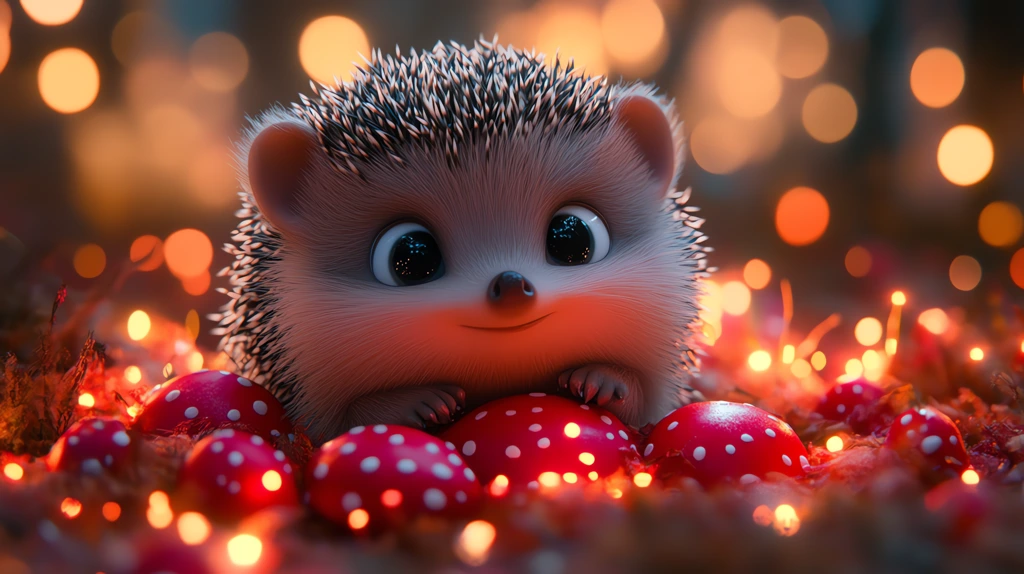 little hedgehog sits under a red mushroom in an enchanted forest in the style of pixar desktop wallpaper 4k