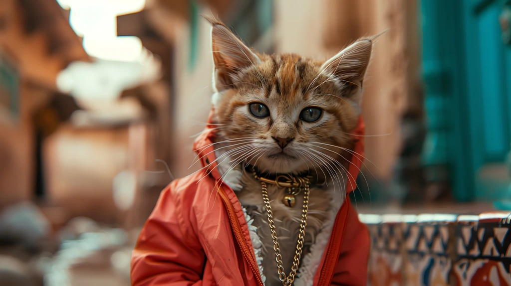 little manchican cat with bright eyes wearing casual pet costumes gold chain desktop wallpaper 4k