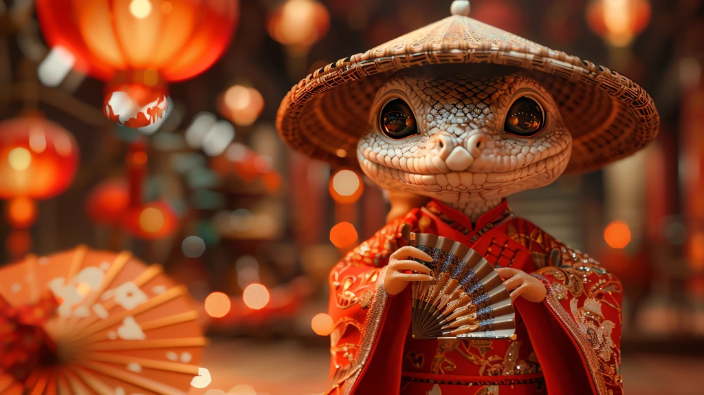 little snake dressed in red chinese hanfu desktop wallpaper 4k