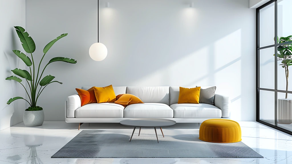 living room white wall minimalistic furnitures colorful props desktop wallpaper 4k