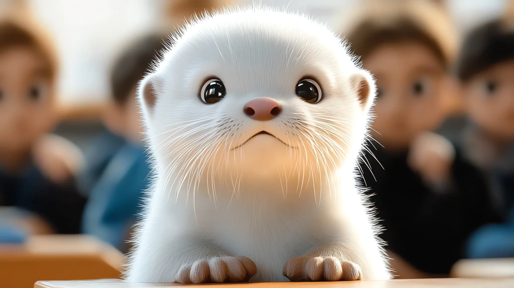 lovely white otter cub sitting in the classroom with other students big eyes desktop wallpaper 4k