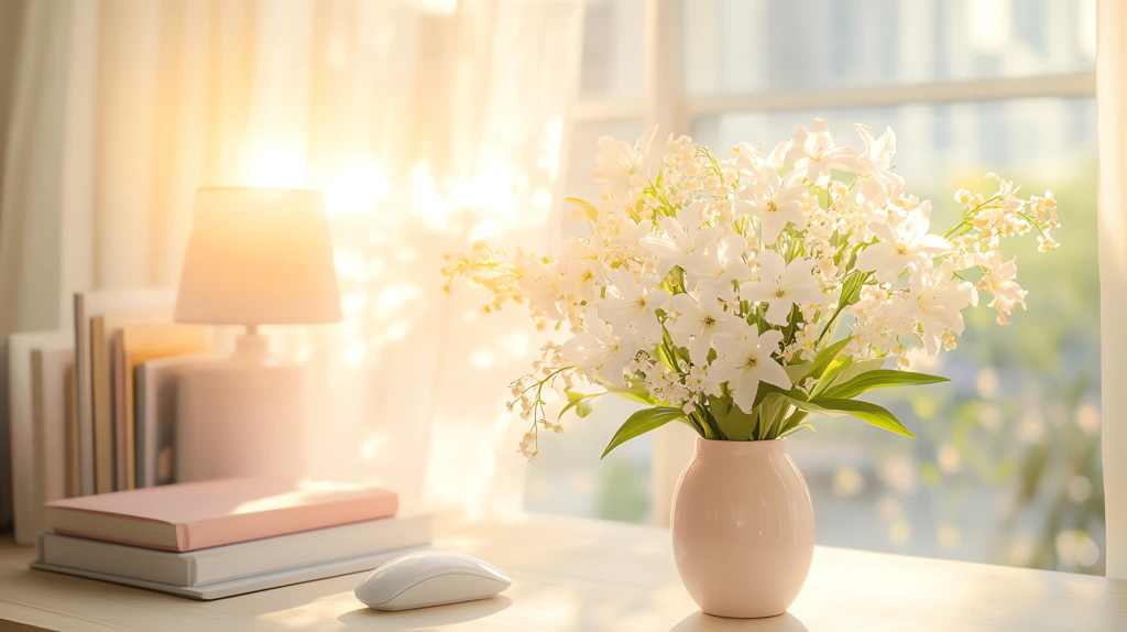 lush lily flowers adorn the desk creating a vibrant desktop wallpaper 4k