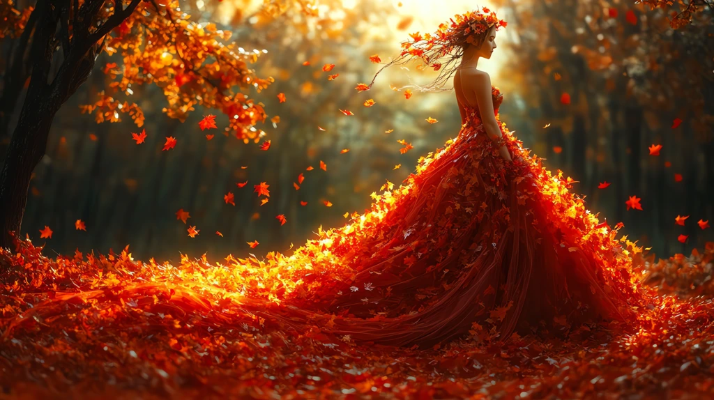 majestic queen standing in a forest filled with vibrant red orange desktop wallpaper 4k