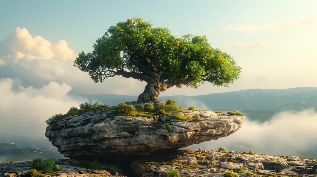 majestic tree fɩourisһing on a barren rocк desktop wallpaper 4k