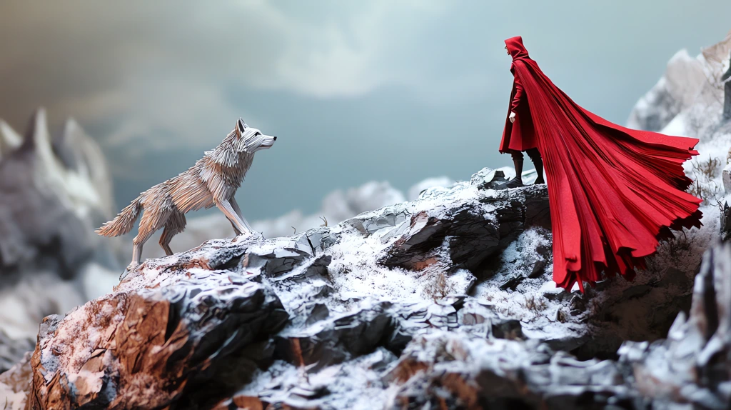 male red riding hood torn red cape blowing in wind and extending across the rocky cliff desktop wallpaper 4k