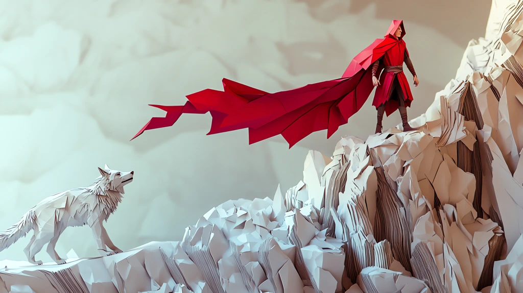 male red riding hood wearing very long 20 foot torn red cape extending across the rocky cliff desktop wallpaper 4k