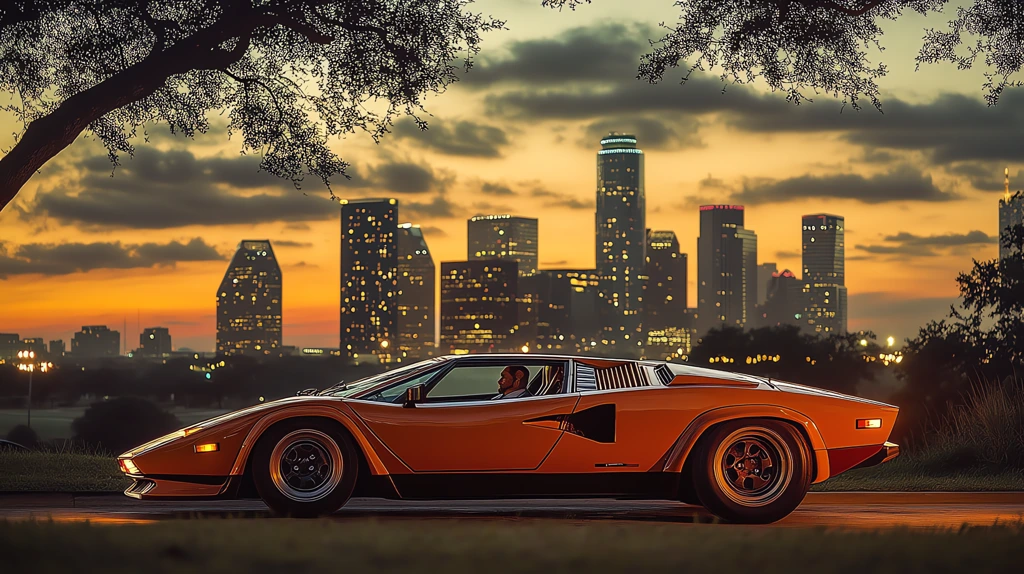 man driving a 1980s orange lamborghini in texas neighbourhood desktop wallpaper 4k