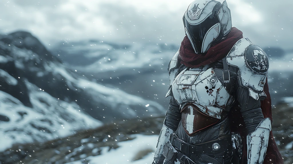 mandalorian wearing snow tiger-themed armor standing in a snowy landscape desktop wallpaper 4k