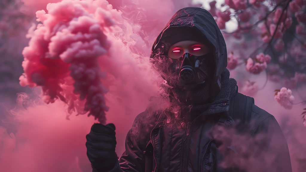 masked ninja warrior hold gas spray at sakura landscape desktop wallpaper 4k