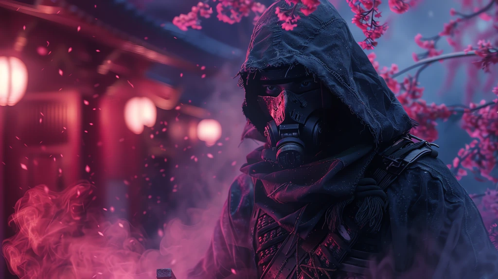 masked ninja warrior hold gas spray of neon smoke at sakura landscape desktop wallpaper 4k