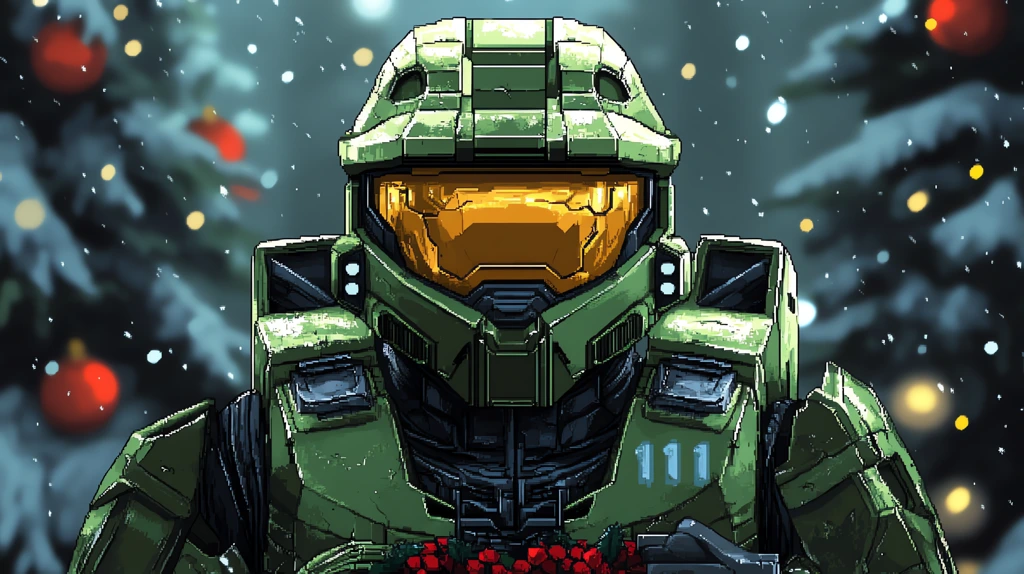 master chief of halo pixel art christmas version four desktop wallpaper 4k