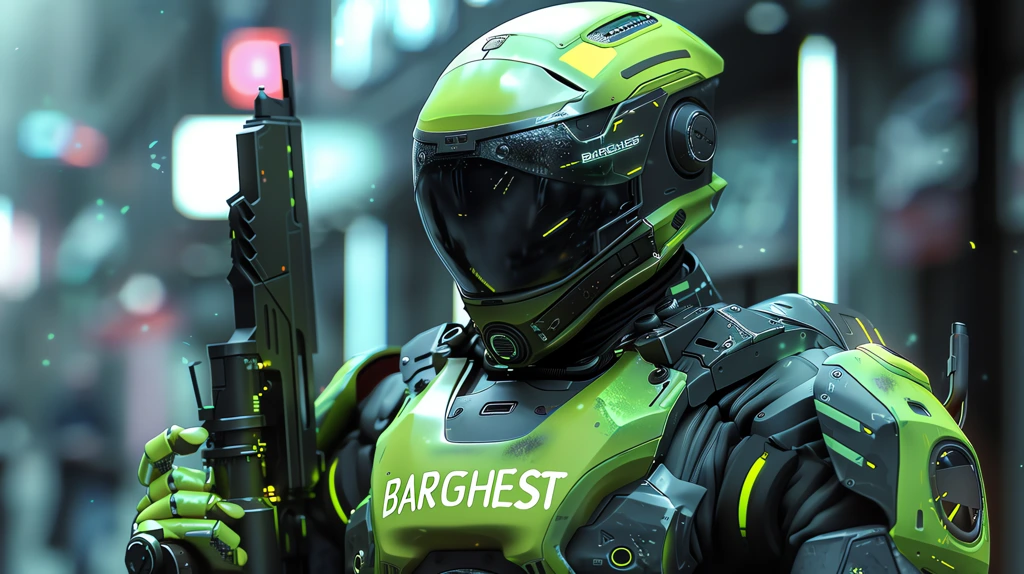 military cyberpunk robot in shade of dark grey and lime green with neon accents desktop wallpaper 4k