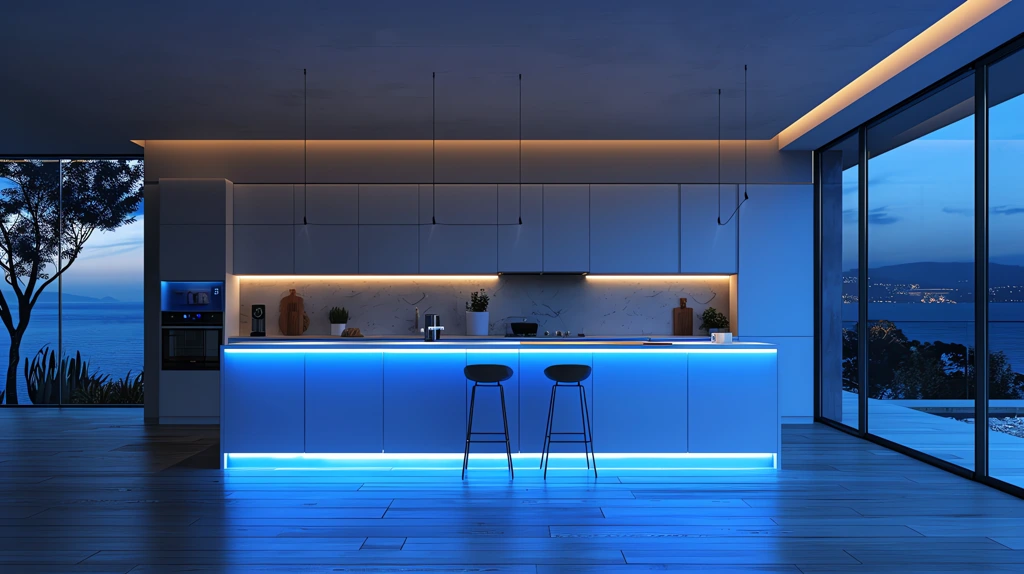 minimal kitchen with a brilliant blue light atmospheric detailed desktop wallpaper 4k