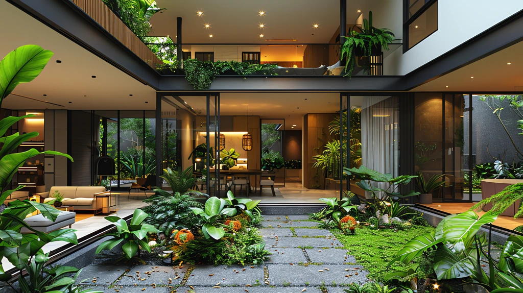 modern courtyard garden lush green plants desktop wallpaper 4k
