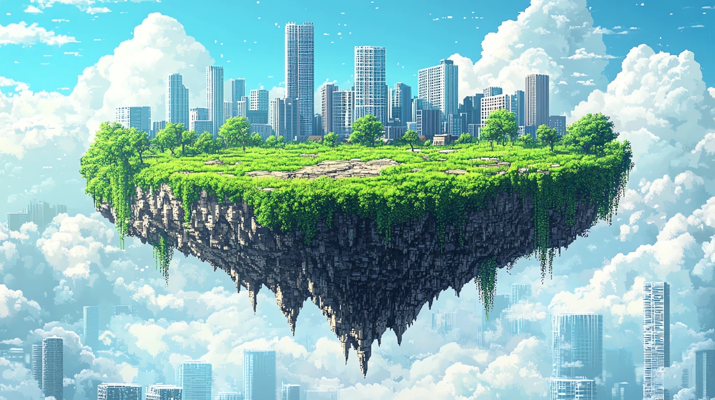 modern pixel art floating island close-up desktop wallpaper 4k