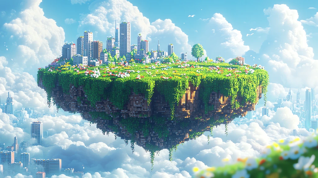 modern pixel art floating island close-up with green grass stones and flowers desktop wallpaper 4k