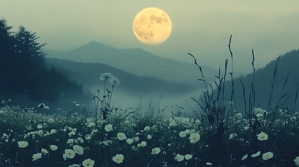 moon in sky over flowery meadow desktop wallpaper 4k