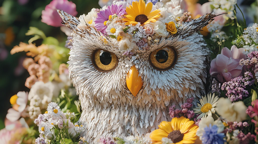 mosaic of floral owls made up of individual flower blossoms desktop wallpaper 4k