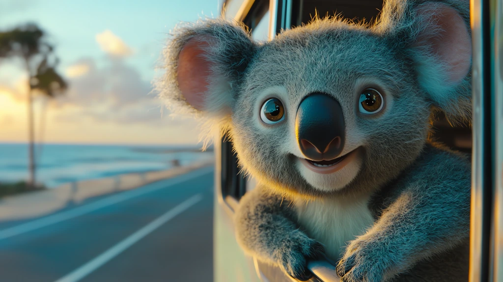 motion graphics an adorable toy koala bus on the coastal road desktop wallpaper 4k