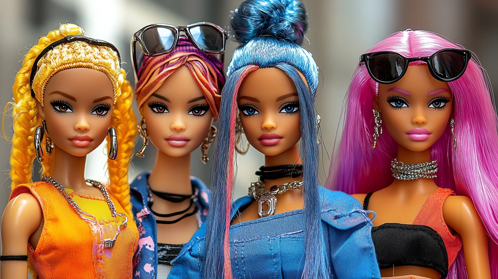 multi coloured barbie dolls wearing diverse high end cloating and fashion accessories like bags desktop wallpaper 4k