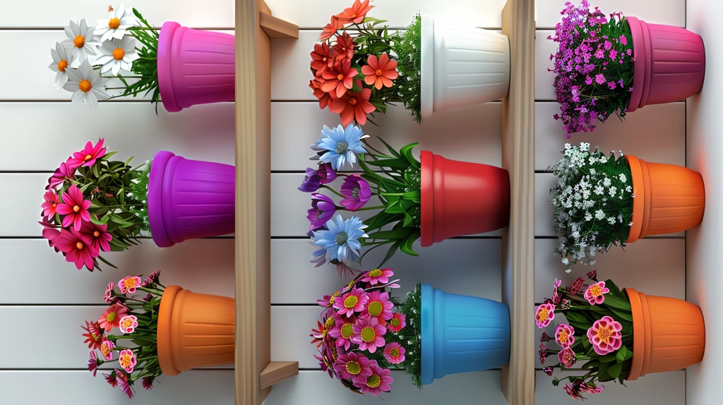 multicolored flowers in multicolored pots phone wallpaper 4k