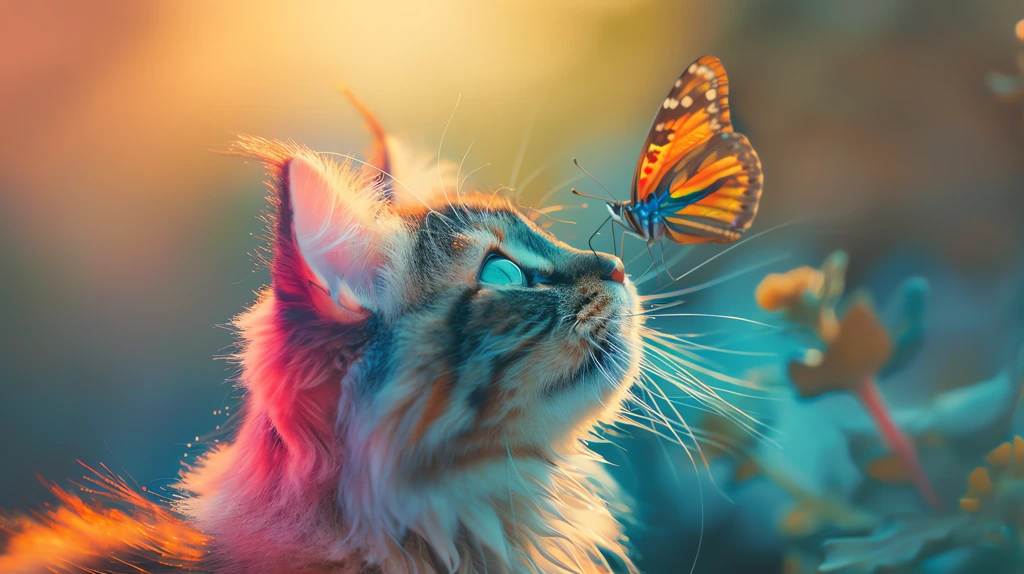 multiple colors staring at butterfly landing cats her nose desktop wallpaper 4k