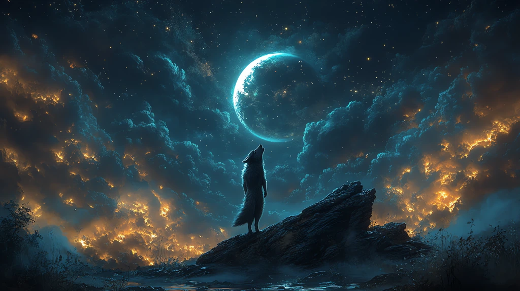 mystical scene of a lone wolf standing on a rock howling at a crescent moon desktop wallpaper 4k