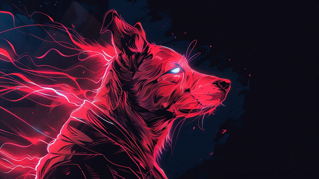 neon outline of a dog with glowing energy waves emanating from his eyes desktop wallpaper 4k