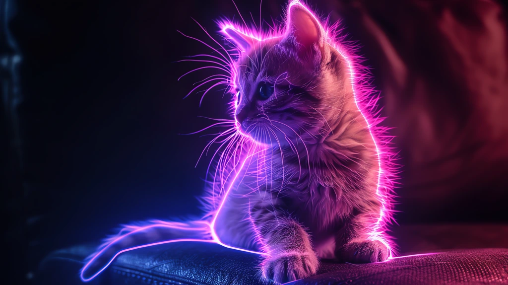 neon purple line drawing of a kitten sitting on a couch dark black desktop wallpaper 4k