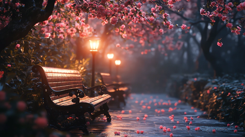 night park benches and lamps fantasy tale desktop wallpaper 4k