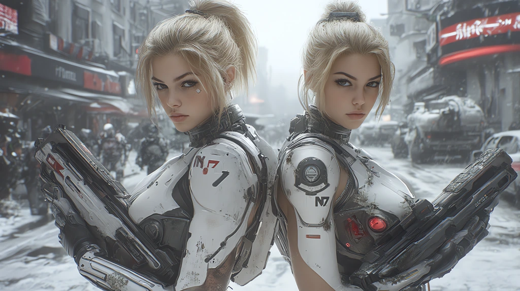 nineteen year old female soldiers with blond pony tails are standing in post apocalyptic city desktop wallpaper 4k