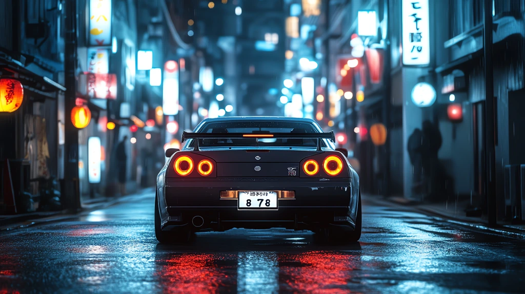 nissan skyline gt-r in a night time iconic japanese scenery showcase desktop wallpaper 4k