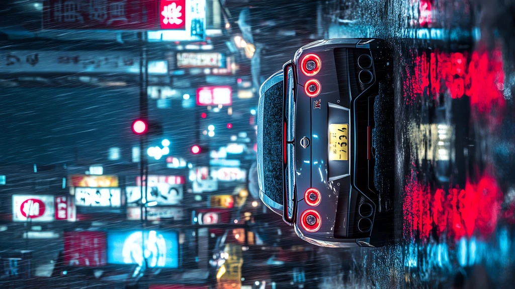 nissan skyline gt-r in a night time iconic japanese scenery street phone wallpaper 4k