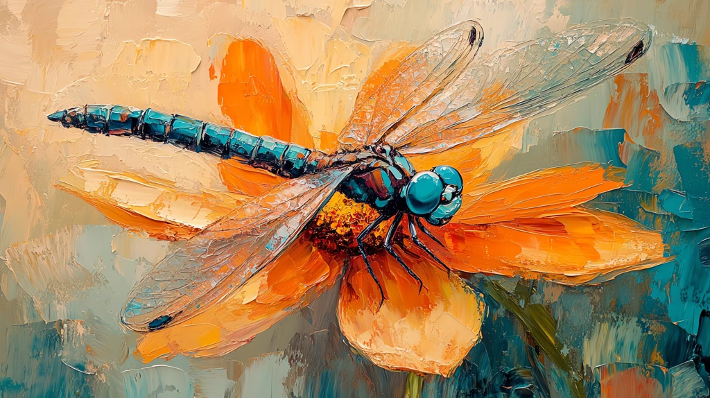 oil painting of a dragonfly on a flower in the style of palette knife with an orange desktop wallpaper 4k