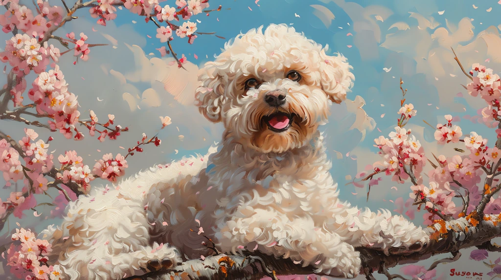 oil painting of a happy full body bichon frise dog in front of cherry blossoms desktop wallpaper 4k