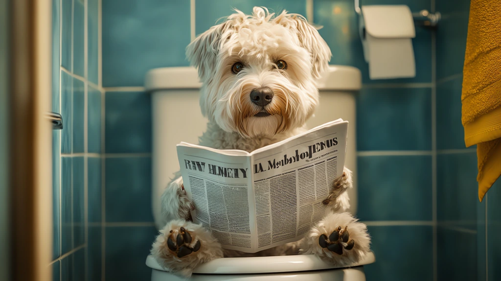 old english sheepdog on a small toilet with a sweet look reading a newspaper desktop wallpaper 4k