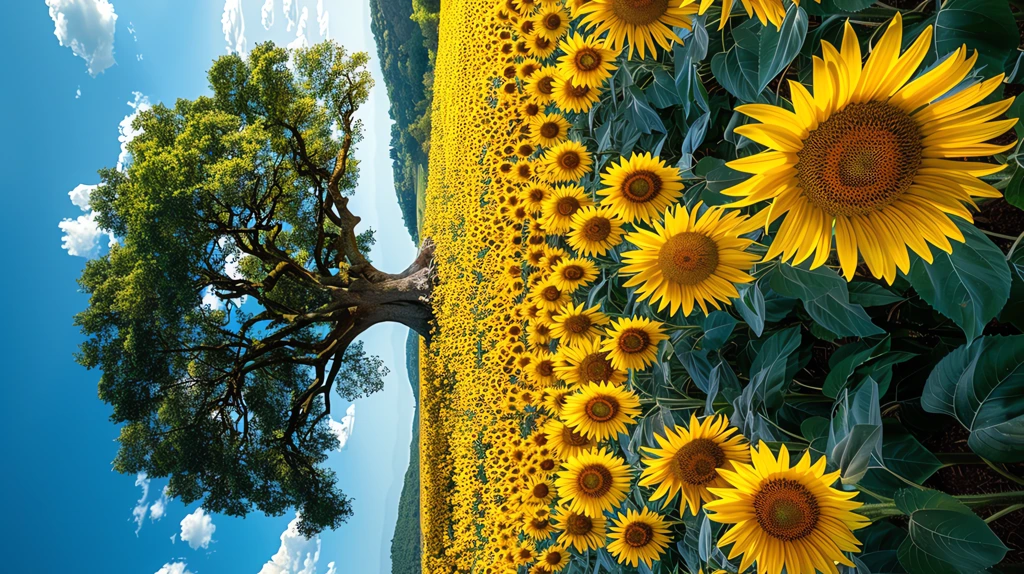 olive tree in the center of a sunflower field phone wallpaper 4k