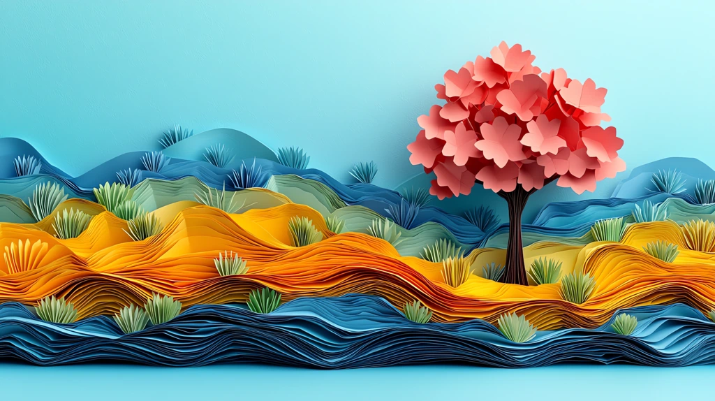 on the right side one tree paper cut origami style desktop wallpaper 4k