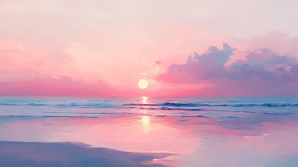 painting in light pink and pastel colours of a beach sunset desktop wallpaper 4k