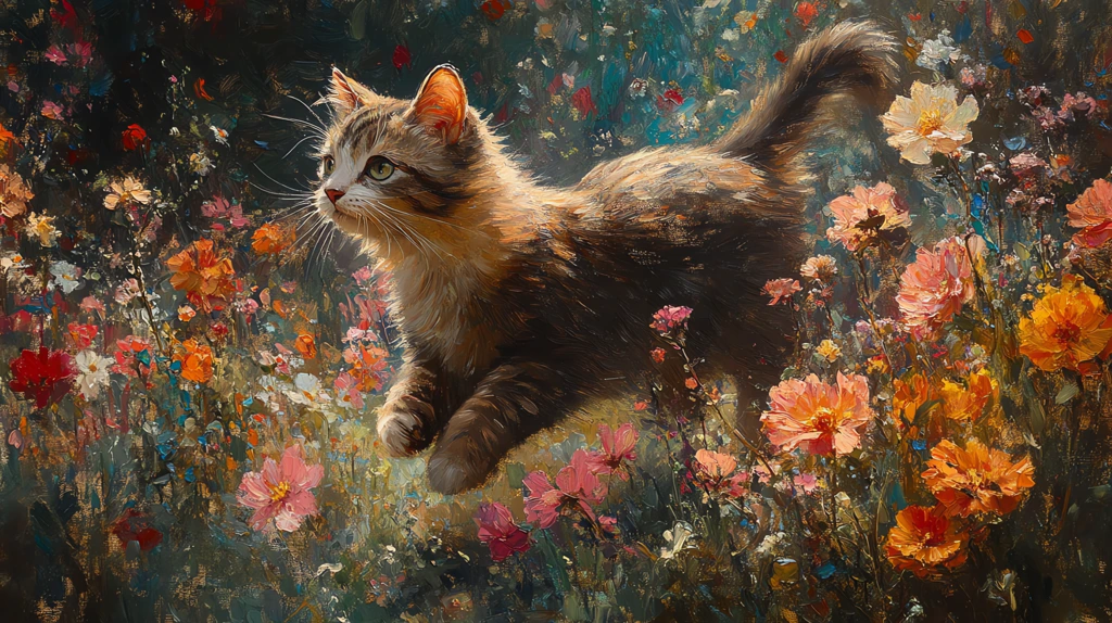 painting of a cat walking through a field of flowers ghostly presence desktop wallpaper 4k