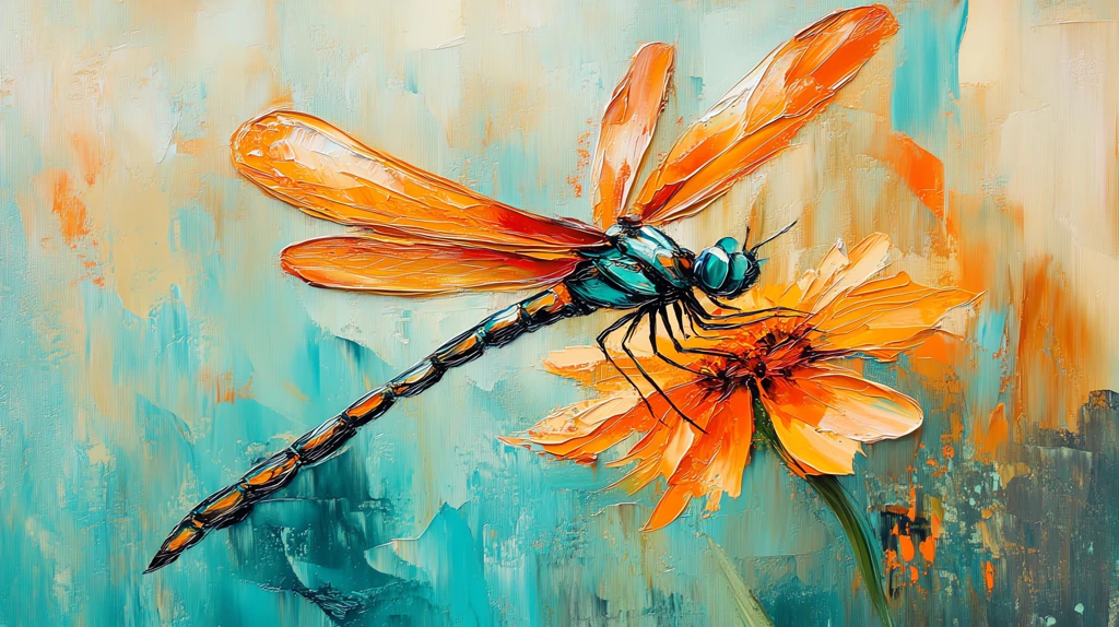 painting of a dragonfly on a flower in the style of palette knife desktop wallpaper 4k