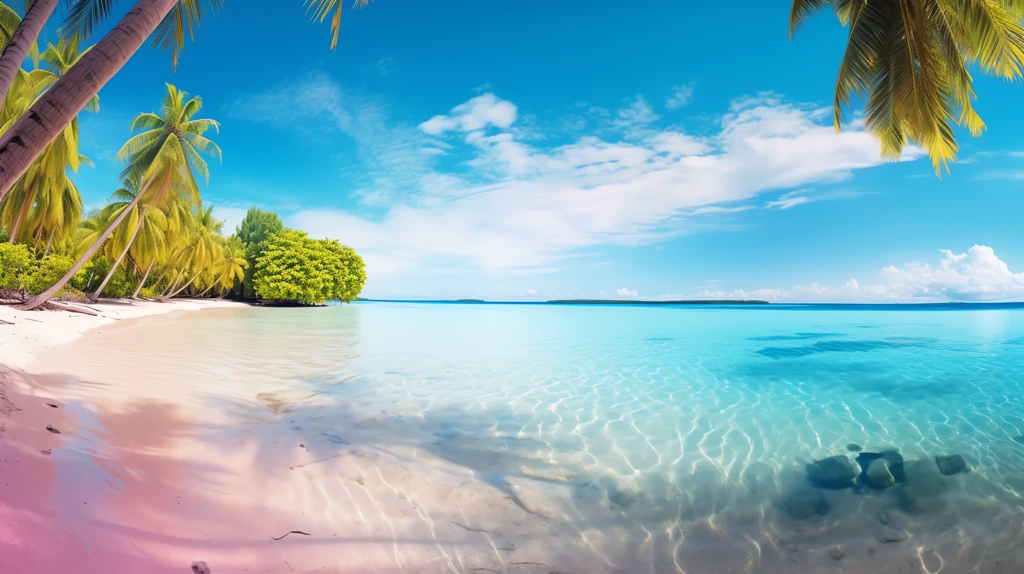 palm trees and clear blue waters desktop wallpaper 4k