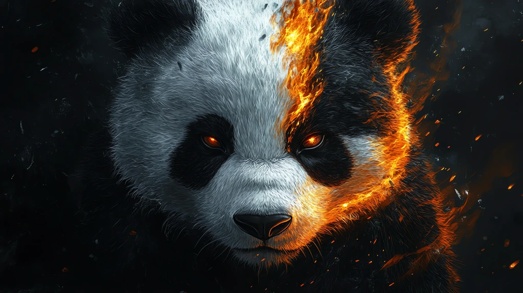 panda and black panda symmetrical illustration style glowing eyes desktop wallpaper 4k