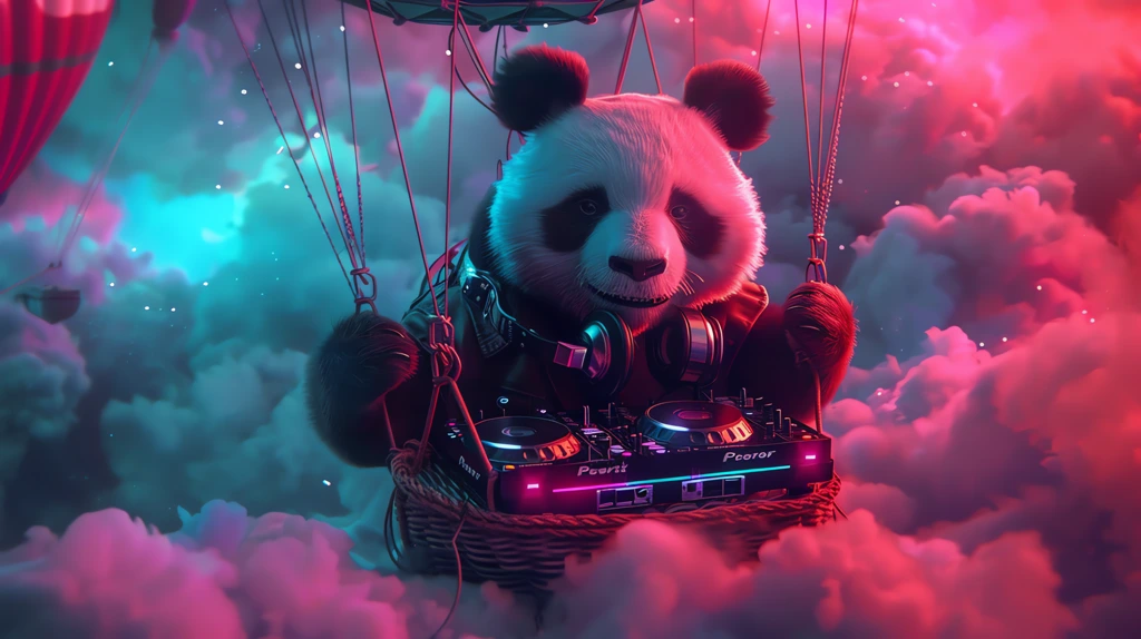 panda as a dj in a hot air balloon neon tones desktop wallpaper 4k