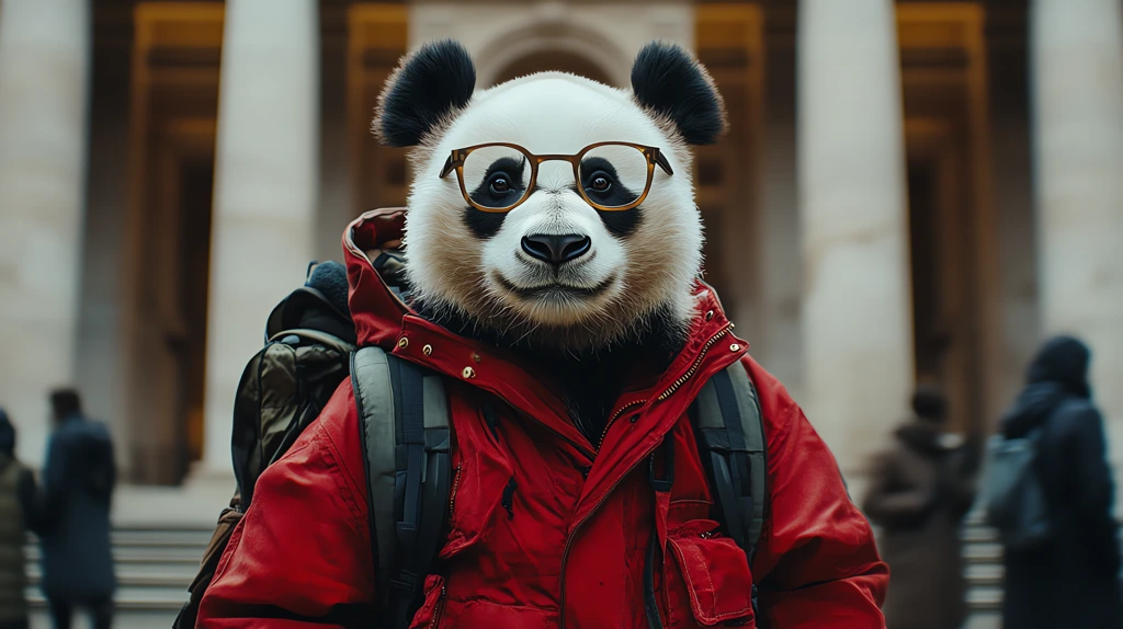 panda dressed in red neo-chinese clothing with a backpack and wearing glasses desktop wallpaper 4k