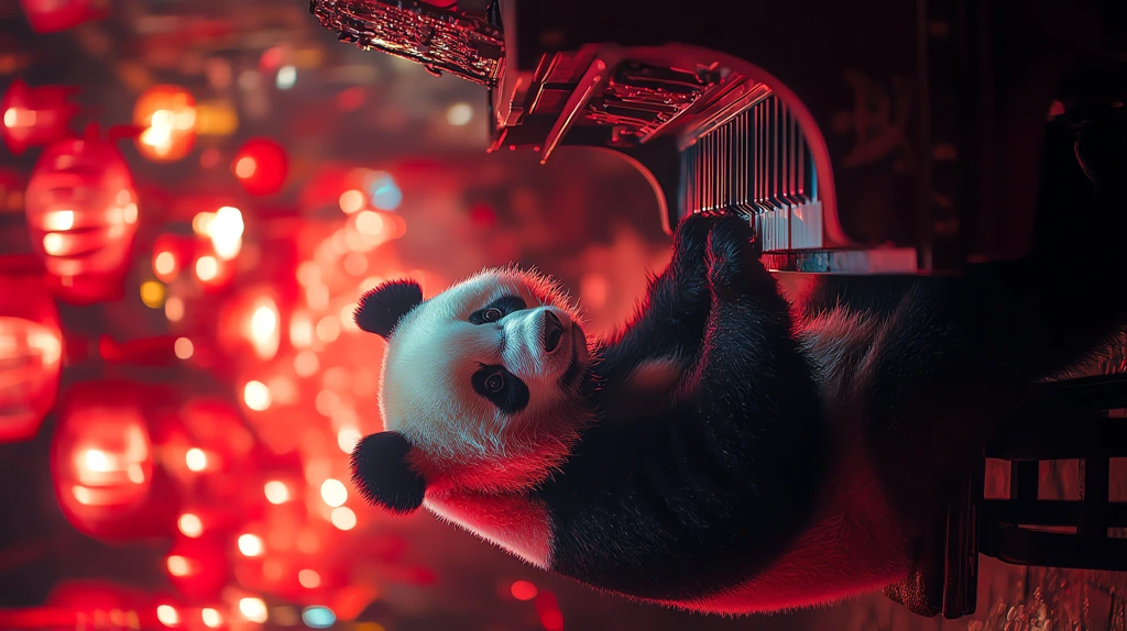 panda playing piano in front of many huge pure red phone wallpaper 4k