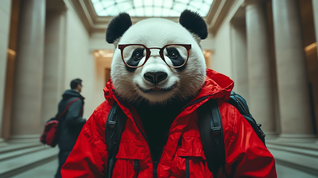 panda red neo-chinese clothing with a backpack and wearing glasses desktop wallpaper 4k