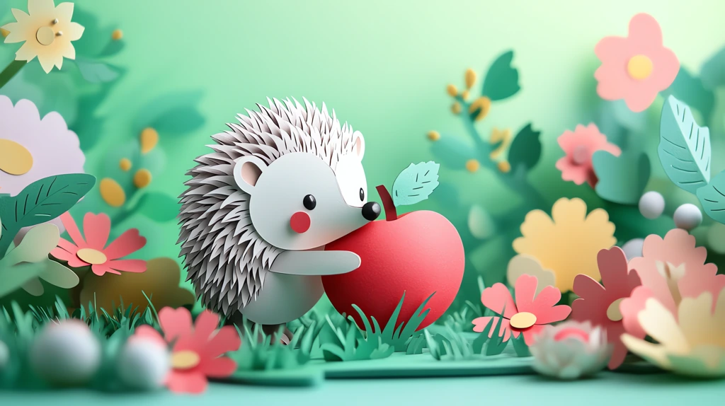 paper cutout with a 3d effect cute hedgehog holding a bright red apple desktop wallpaper 4k